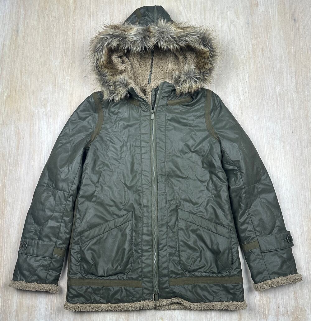 BCBGMaxazria Olive Green Faux Fur Hood Cabin Core Cozy Winter Warm Jacket Small